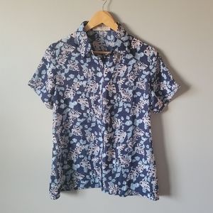 Vintage Japanese silk shirt Navy Blue leaf print